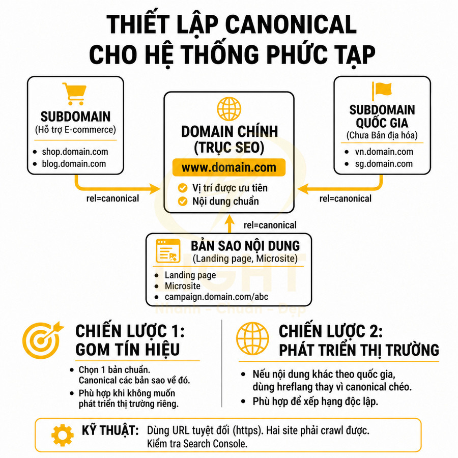 Sơ đồ thiết lập thẻ canonical cho domain chính, subdomain, bản sao nội dung và chiến lược SEO hệ thống phức tạp