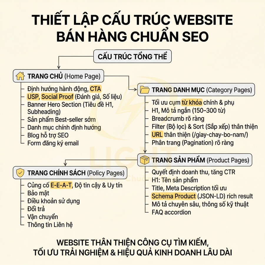 Thiết lập cấu trúc website bán hàng chuẩn SEO với trang chủ, danh mục, sản phẩm và trang chính sách
