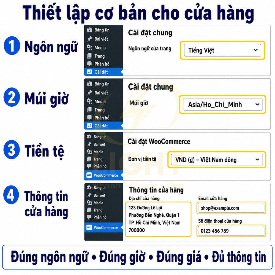 Hướng dẫn thiết lập ngôn ngữ múi giờ tiền tệ và thông tin cửa hàng trong WooCommerce tiếng Việt