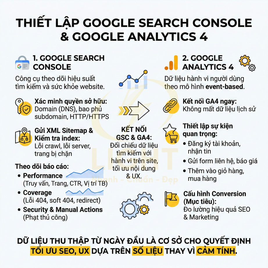 Hướng dẫn thiết lập Google Search Console và Google Analytics 4 để theo dõi hiệu suất SEO và hành vi người dùng