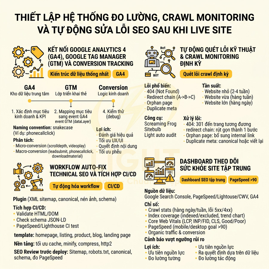 Infographic thiết lập hệ thống đo lường, crawl monitoring và tự động sửa lỗi technical SEO sau khi website live