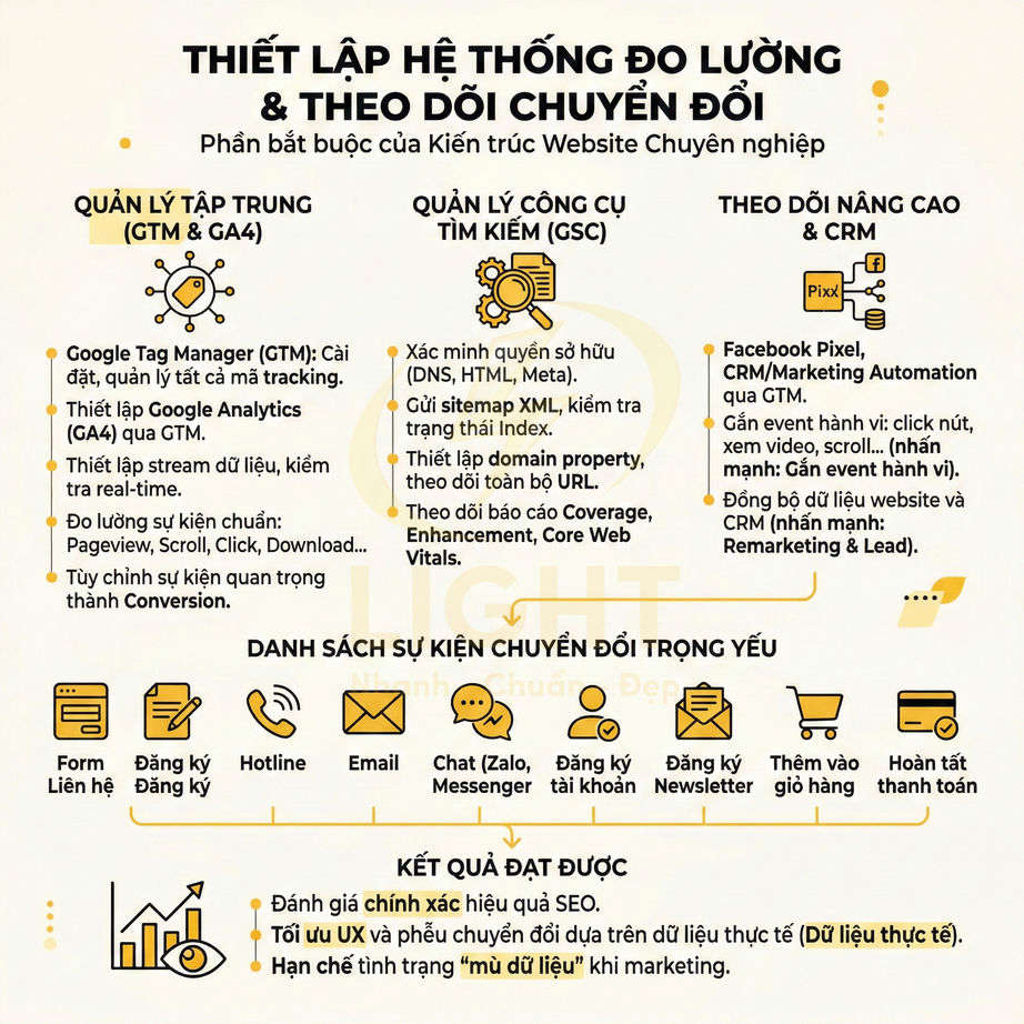 Thiết lập hệ thống đo lường và theo dõi chuyển đổi website với GTM, GA4, GSC, Facebook Pixel và CRM