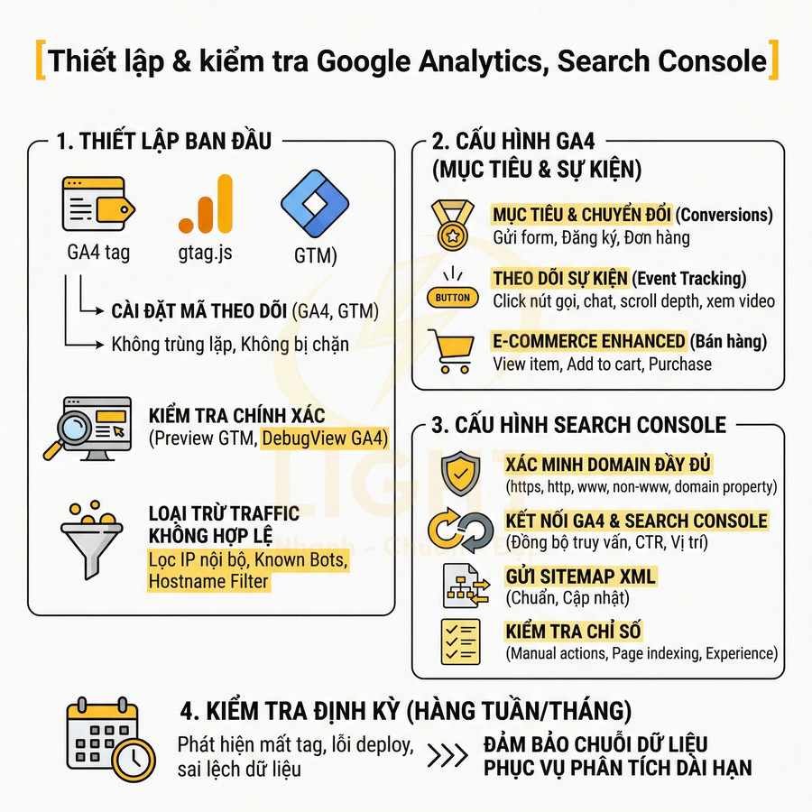 Hướng dẫn thiết lập và kiểm tra Google Analytics GA4 và Google Search Console bằng infographic tiếng Việt