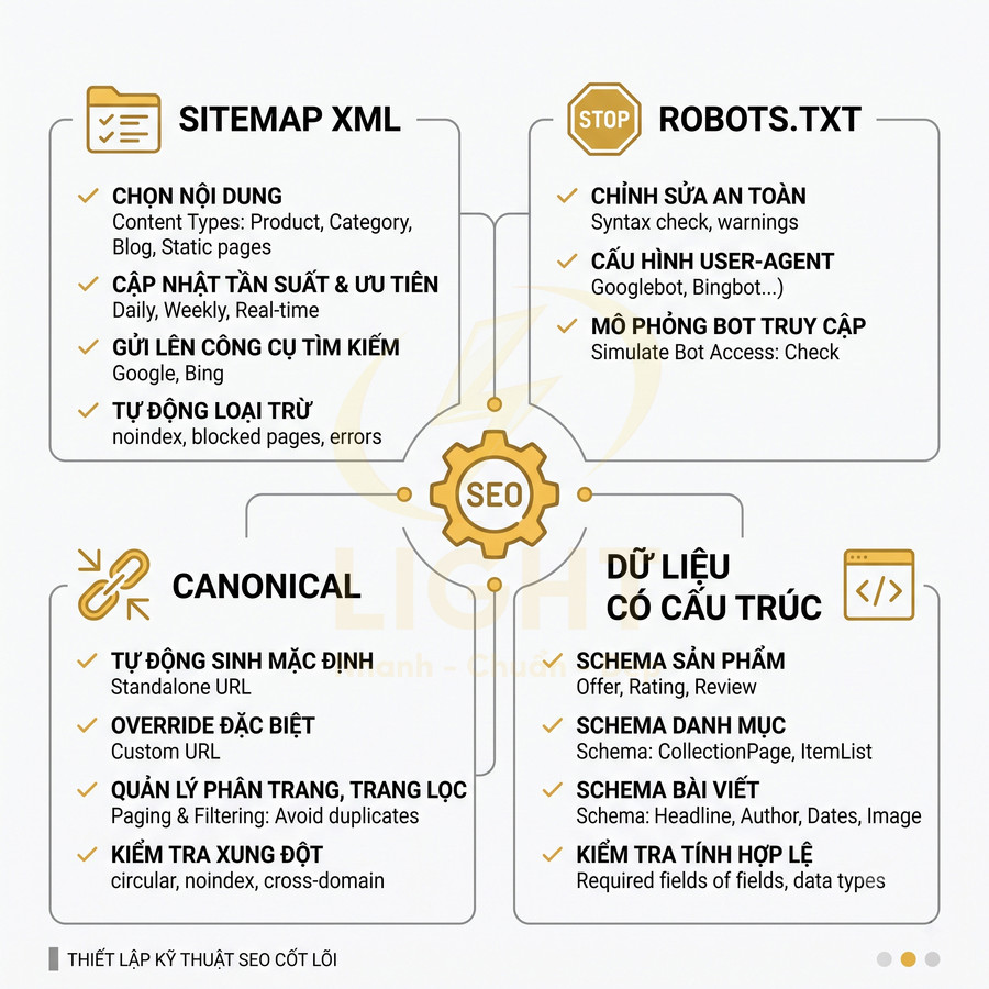 Sơ đồ thiết lập kỹ thuật SEO cốt lõi với sitemap XML, robots.txt, canonical và dữ liệu có cấu trúc