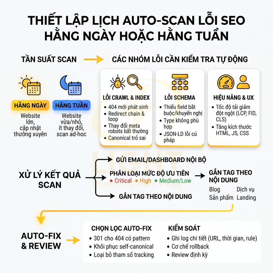 Thiết lập lịch auto scan lỗi SEO hàng ngày hoặc hàng tuần và quy trình xử lý, auto fix và review kết quả