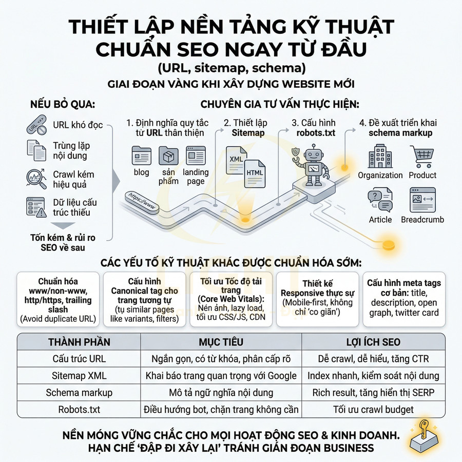 Thiết lập nền tảng kỹ thuật chuẩn SEO cho website mới với URL, sitemap, schema và robots.txt
