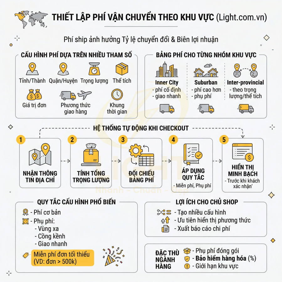 Thiết lập phí vận chuyển theo khu vực trên Light.com.vn với bảng phí ship chi tiết và tự động khi checkout