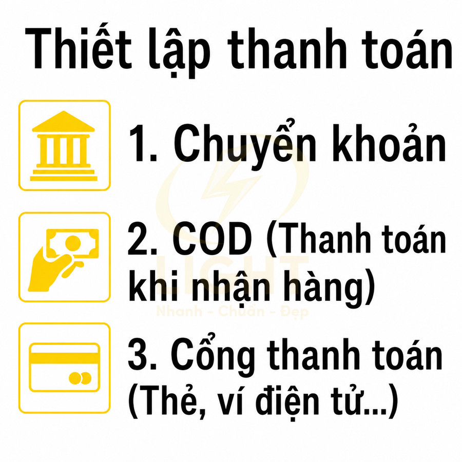 Thiết lập thanh toán với ba hình thức chuyển khoản, COD khi nhận hàng và cổng thanh toán thẻ ví điện tử