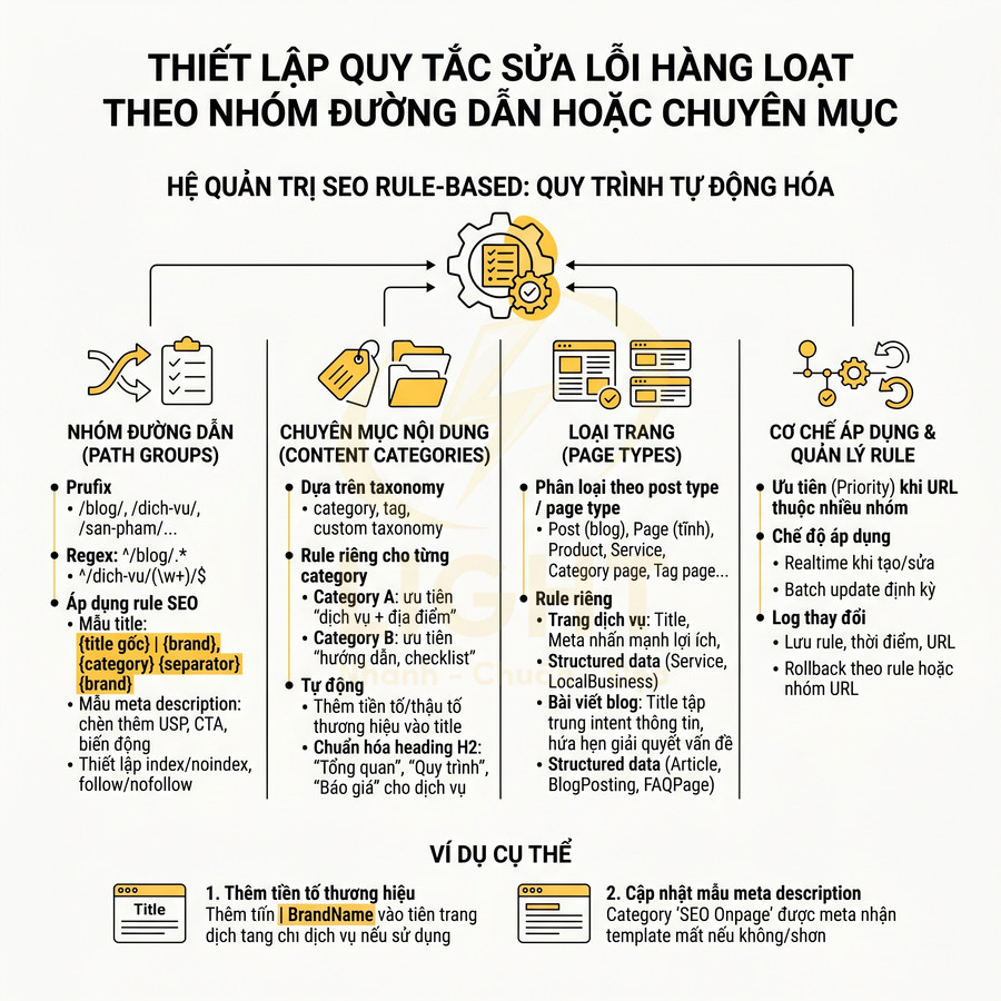 Infographic thiết lập quy tắc sửa lỗi SEO hàng loạt theo nhóm đường dẫn, chuyên mục nội dung và loại trang