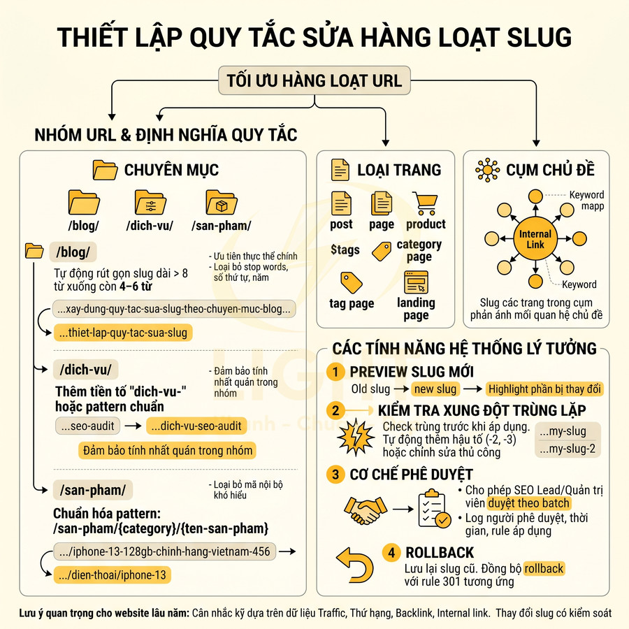 Hướng dẫn thiết lập quy tắc sửa hàng loạt slug để tối ưu URL và cấu trúc liên kết nội bộ cho website SEO