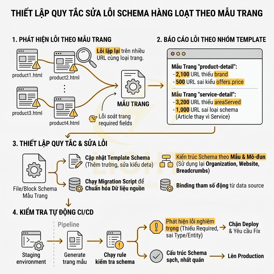 Quy trình thiết lập quy tắc sửa lỗi schema hàng loạt theo mẫu trang cho website SEO