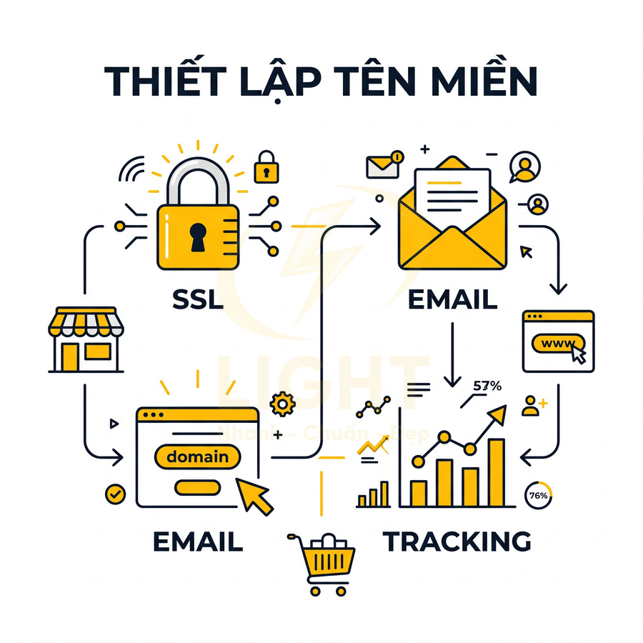 Thiết lập tên miền với SSL, email doanh nghiệp và tracking website minh họa bằng icon màu vàng trắng