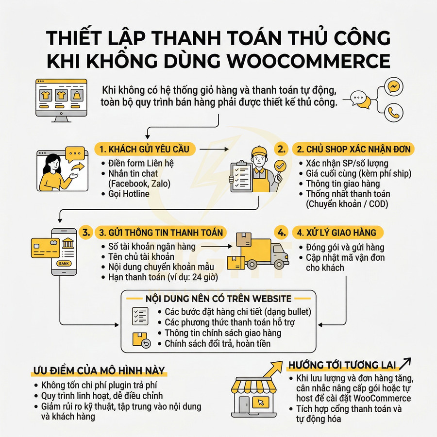 Hướng dẫn thiết lập thanh toán thủ công khi không dùng WooCommerce với quy trình 4 bước và ưu nhược điểm