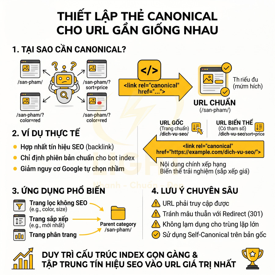 Hướng dẫn thiết lập thẻ canonical cho các URL gần giống nhau để tối ưu SEO và hợp nhất tín hiệu xếp hạng