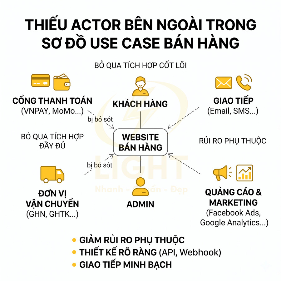Sơ đồ website bán hàng và các actor bên ngoài như khách hàng, thanh toán, vận chuyển, marketing, giao tiếp
