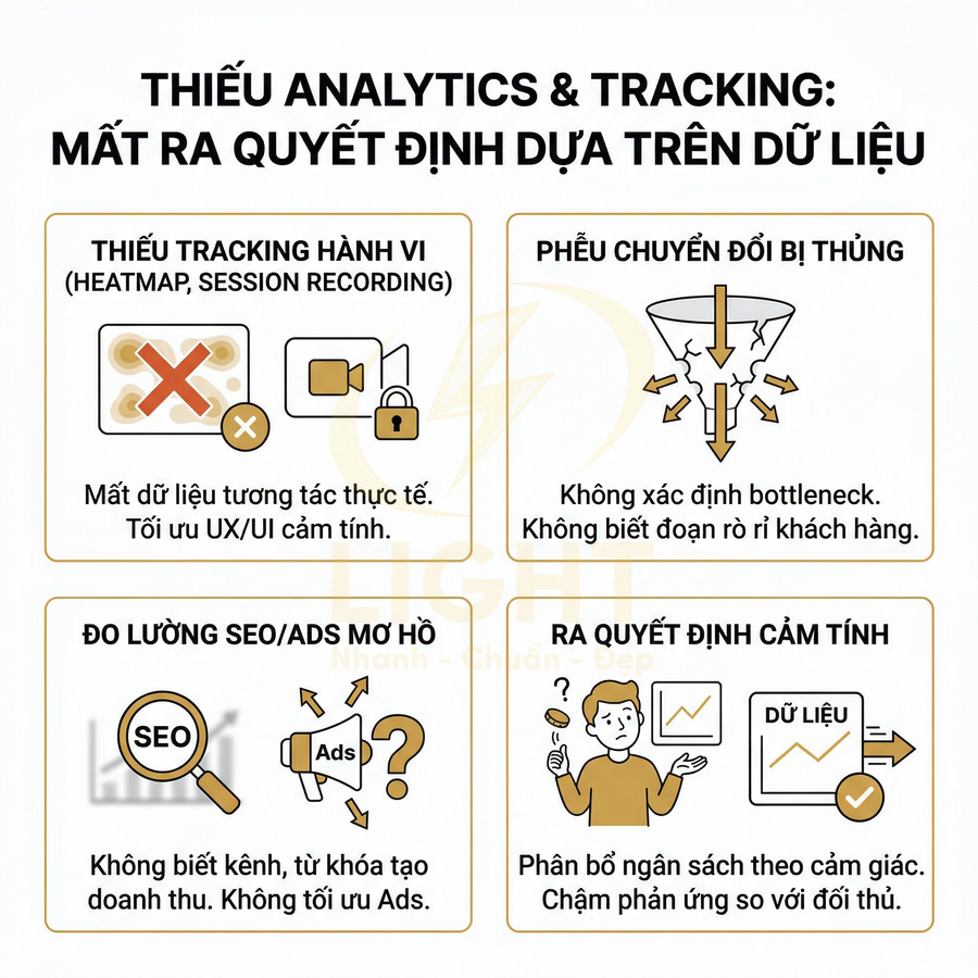 Minh họa hậu quả thiếu analytics và tracking trong marketing: mất dữ liệu hành vi, phễu chuyển đổi rò rỉ, đo lường SEO Ads mơ hồ