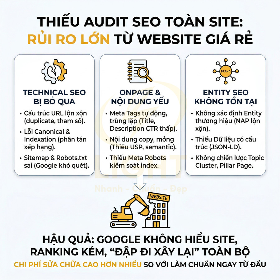 Infographic cảnh báo rủi ro SEO khi dùng website giá rẻ, nêu lỗi technical, onpage, entity và hậu quả tụt hạng Google