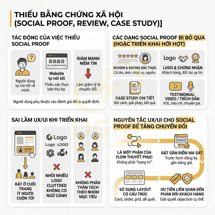 Infographic tiếng Việt về thiếu social proof, sai lầm UX UI và nguyên tắc tối ưu tăng chuyển đổi trên website