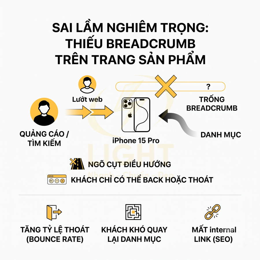 Minh họa trang sản phẩm iPhone 15 Pro thiếu breadcrumb gây ngõ cụt điều hướng và tăng tỷ lệ thoát