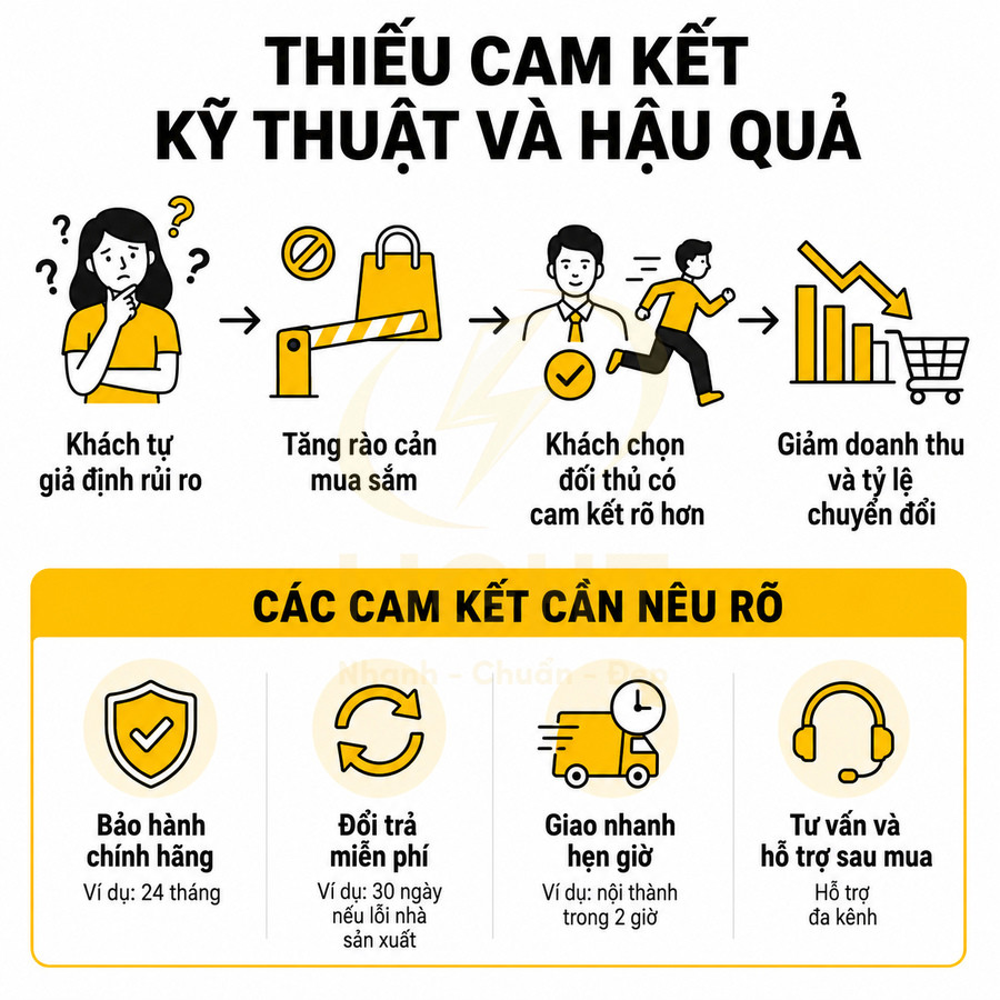 Infographic về hậu quả thiếu cam kết kỹ thuật và các cam kết bán hàng cần nêu rõ như bảo hành, đổi trả, giao nhanh, hỗ trợ sau mua