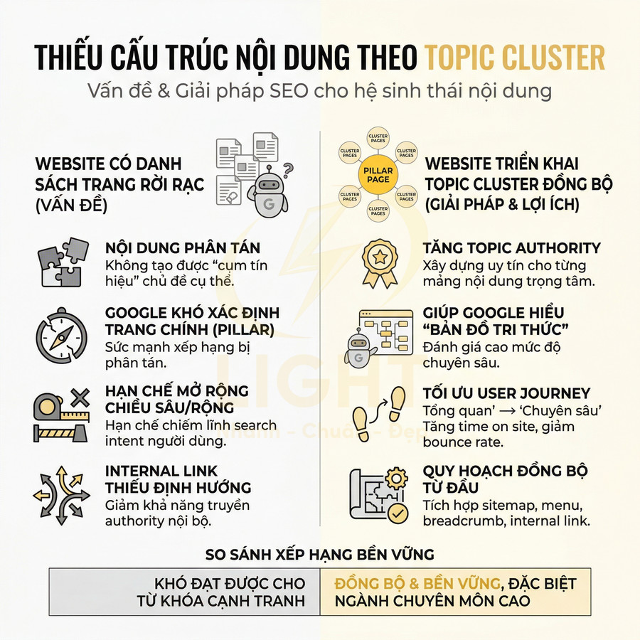 Infographic so sánh website thiếu topic cluster và website triển khai topic cluster đồng bộ trong chiến lược SEO nội dung