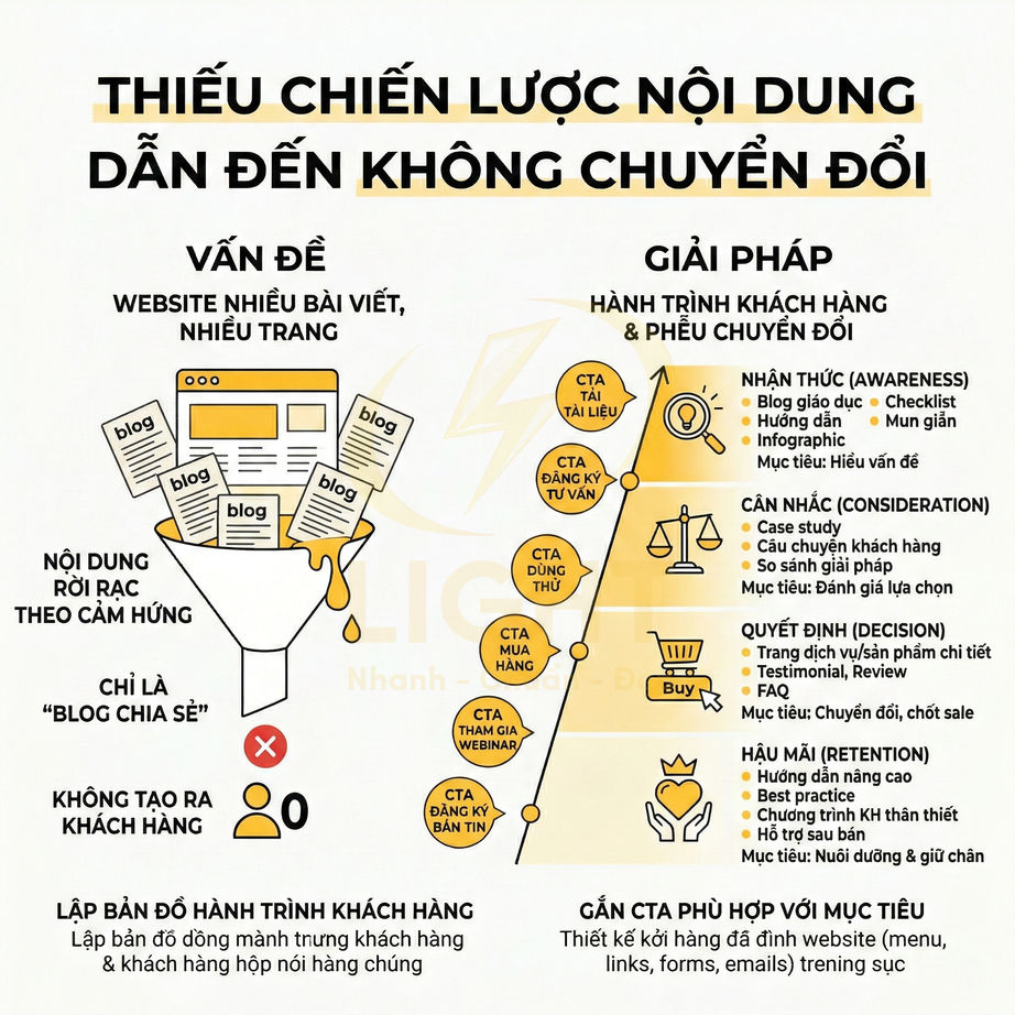 Infographic chiến lược nội dung marketing, so sánh vấn đề blog rời rạc và giải pháp phễu chuyển đổi khách hàng
