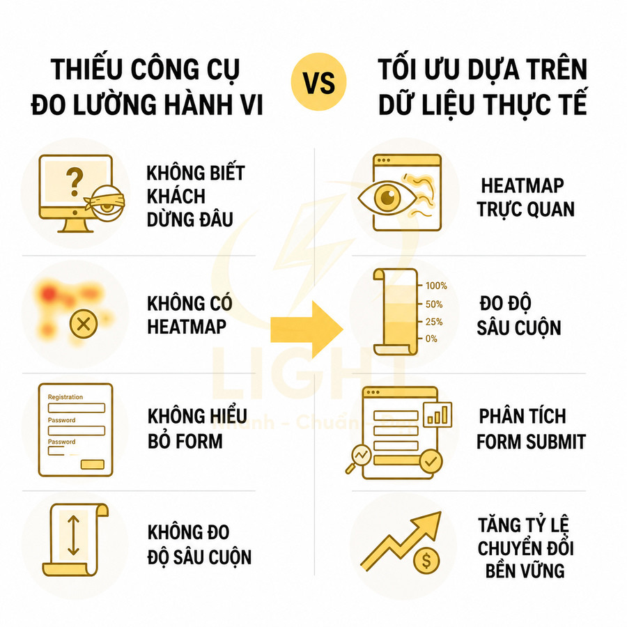 So sánh thiếu công cụ đo lường hành vi và tối ưu dựa trên dữ liệu thực tế trong phân tích website