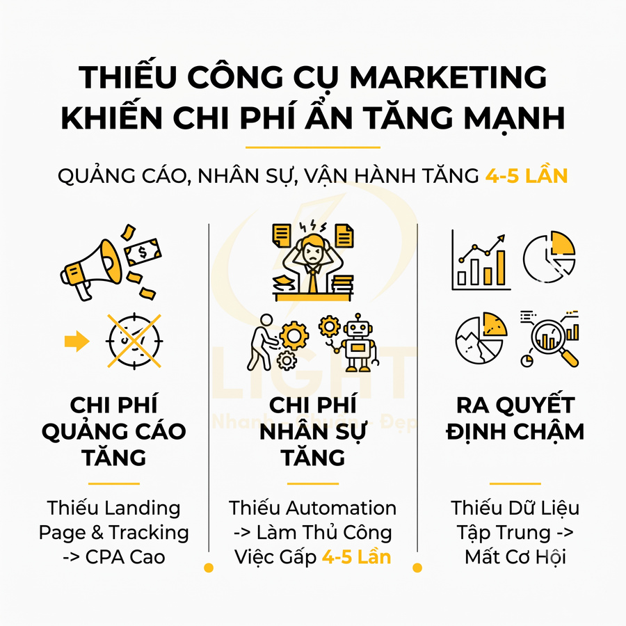Thiếu công cụ marketing làm chi phí quảng cáo nhân sự tăng và ra quyết định chậm, infographic minh họa các vấn đề