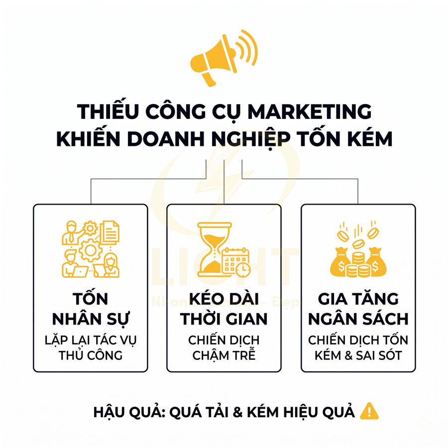 Thiếu công cụ marketing khiến doanh nghiệp tốn nhân sự, kéo dài thời gian và gia tăng ngân sách, dẫn đến quá tải kém hiệu quả