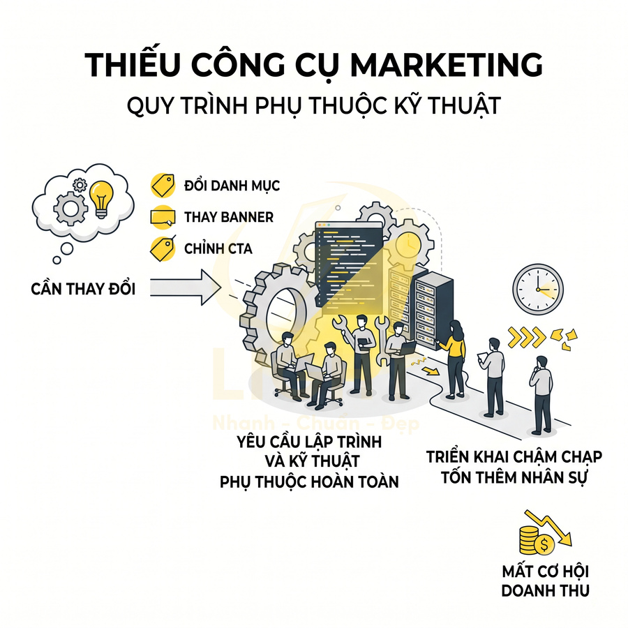 Minh họa quy trình marketing phụ thuộc kỹ thuật gây triển khai chậm, tốn nhân sự và mất cơ hội doanh thu