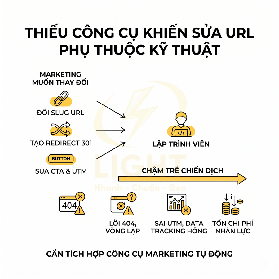 Mô tả quy trình sửa URL phụ thuộc lập trình viên gây chậm chiến dịch và lỗi 404, sai UTM, tốn chi phí marketing