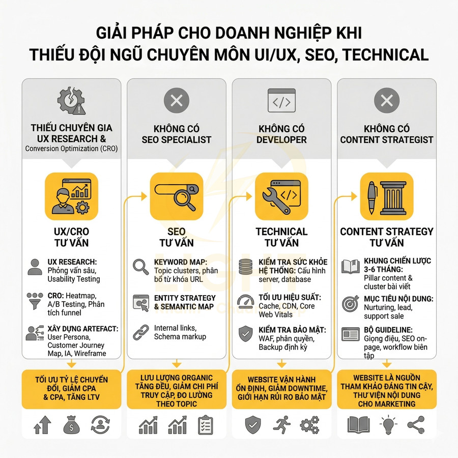 Infographic mô tả các vấn đề khi doanh nghiệp thiếu đội ngũ chuyên môn UI UX SEO technical và giải pháp tối ưu website