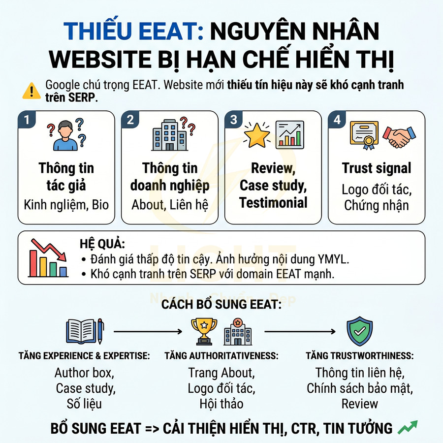 Infographic giải thích thiếu EEAT khiến website bị hạn chế hiển thị và cách bổ sung để tăng uy tín trên Google