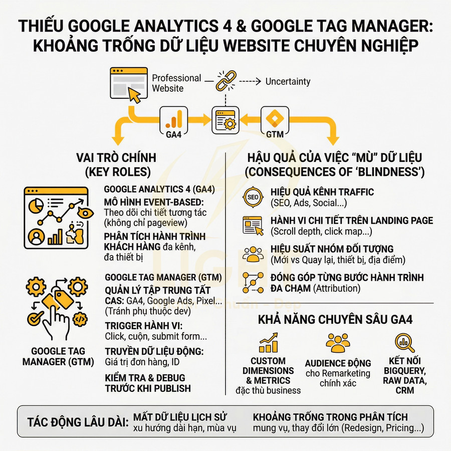Infographic giới thiệu vai trò Google Analytics 4 và Google Tag Manager trong phân tích dữ liệu website