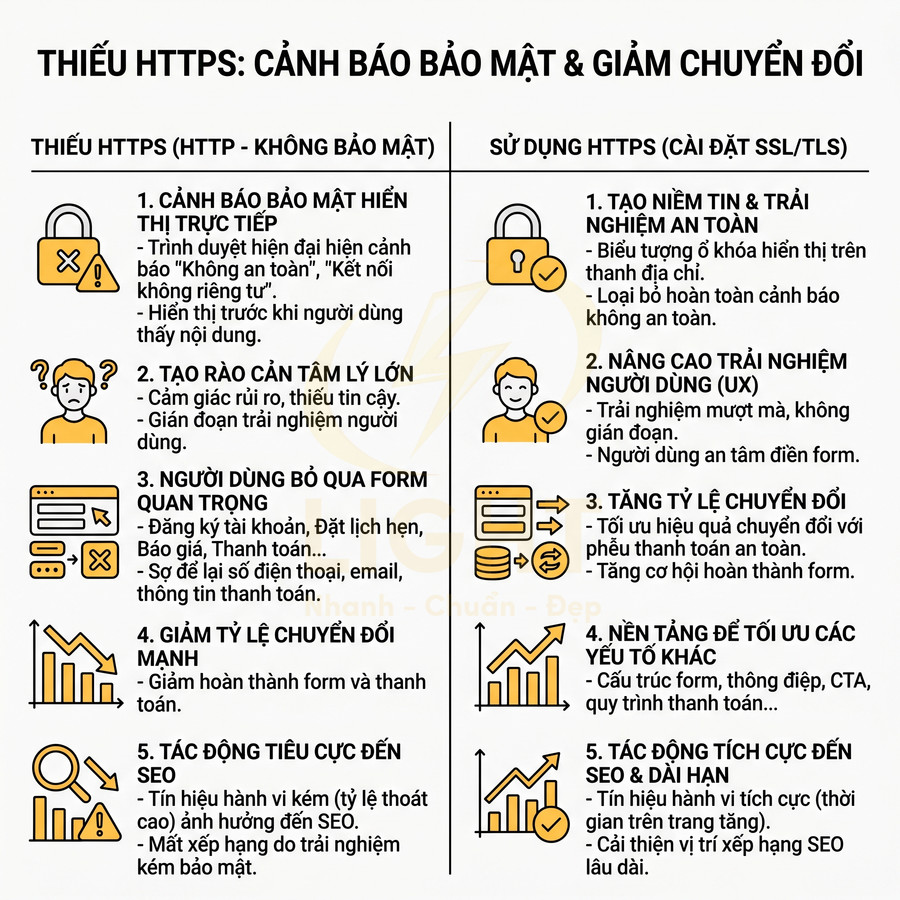 So sánh tác hại thiếu HTTPS và lợi ích dùng HTTPS SSL TLS cho bảo mật, trải nghiệm và chuyển đổi website