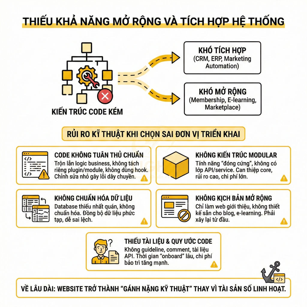 Infographic mô tả rủi ro kỹ thuật khi website có kiến trúc code kém, khó mở rộng và tích hợp hệ thống