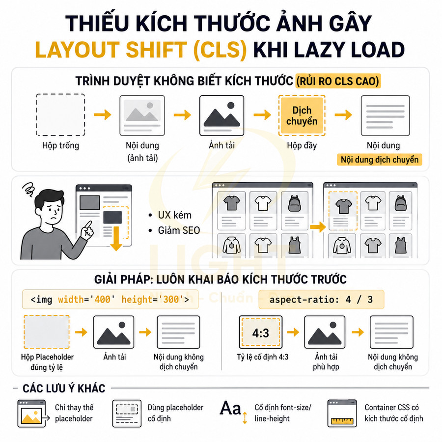 Infographic giải thích thiếu khai báo kích thước ảnh gây layout shift CLS khi lazy load và cách khắc phục cho website