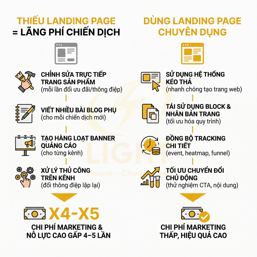 So sánh thiếu landing page và dùng landing page chuyên dụng trong tối ưu chi phí marketing và chuyển đổi