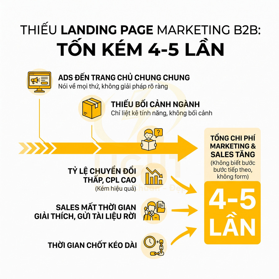 Infographic quy trình marketing B2B thiếu landing page làm tăng chi phí marketing sales lên 4 5 lần