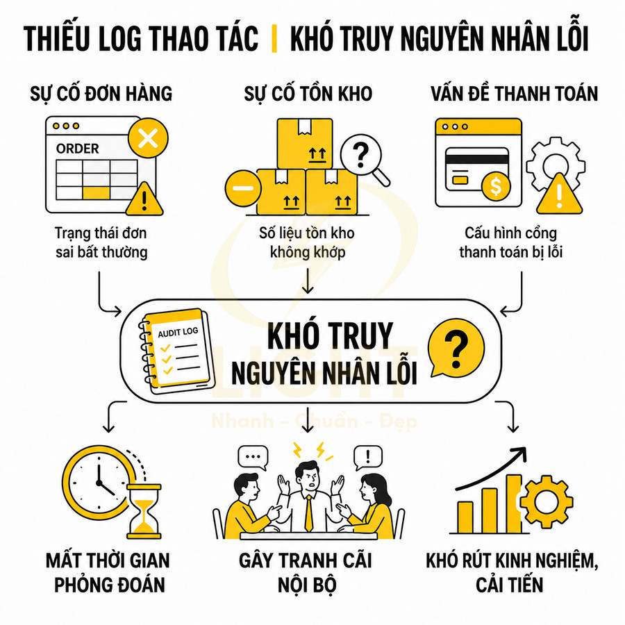 Infographic mô tả hậu quả thiếu log thao tác trong quản lý đơn hàng, tồn kho và thanh toán online