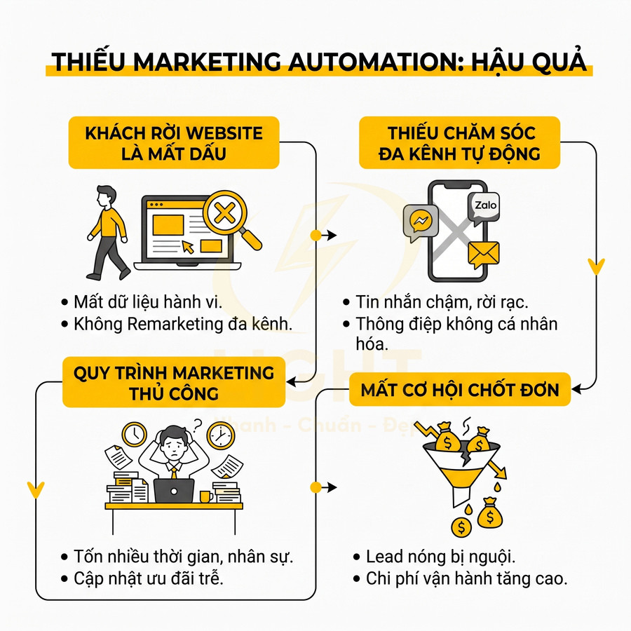 Infographic hậu quả thiếu marketing automation: mất dữ liệu, quy trình thủ công, chăm sóc đa kênh kém, mất cơ hội chốt đơn