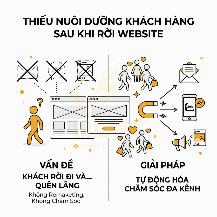 Minh họa giải pháp tự động hóa chăm sóc khách hàng đa kênh sau khi rời website, tăng nuôi dưỡng và giữ chân khách hàng