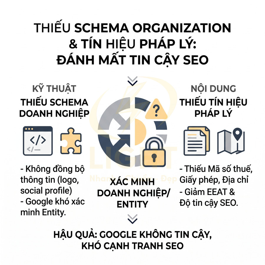 Infographic thiếu schema organization và tín hiệu pháp lý làm giảm độ tin cậy SEO doanh nghiệp