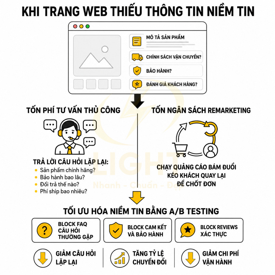 Infographic tối ưu hóa niềm tin website bằng FAQ, cam kết bảo hành và review xác thực để tăng chuyển đổi và giảm chi phí