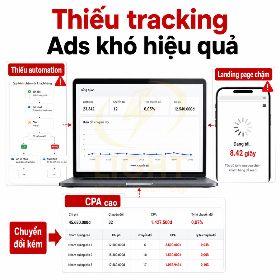 Mô phỏng chiến dịch quảng cáo online thiếu tracking với laptop hiển thị số liệu kém và điện thoại tải landing page chậm
