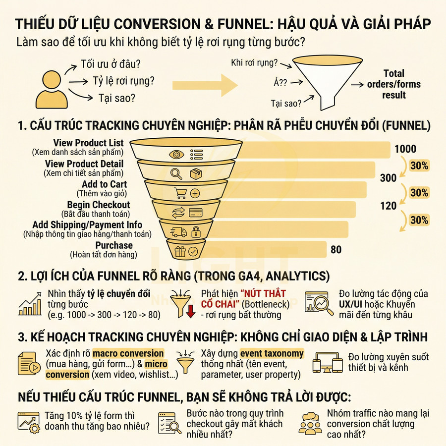 Infographic tiếng Việt về thiếu dữ liệu conversion funnel và giải pháp tối ưu phễu chuyển đổi trong GA4, Analytics