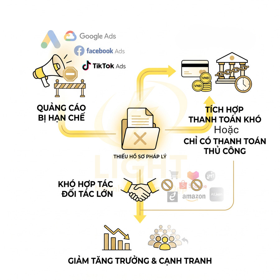 Infographic thiếu hồ sơ pháp lý gây hạn chế quảng cáo Google Facebook TikTok, khó tích hợp thanh toán và giảm tăng trưởng cạnh tranh