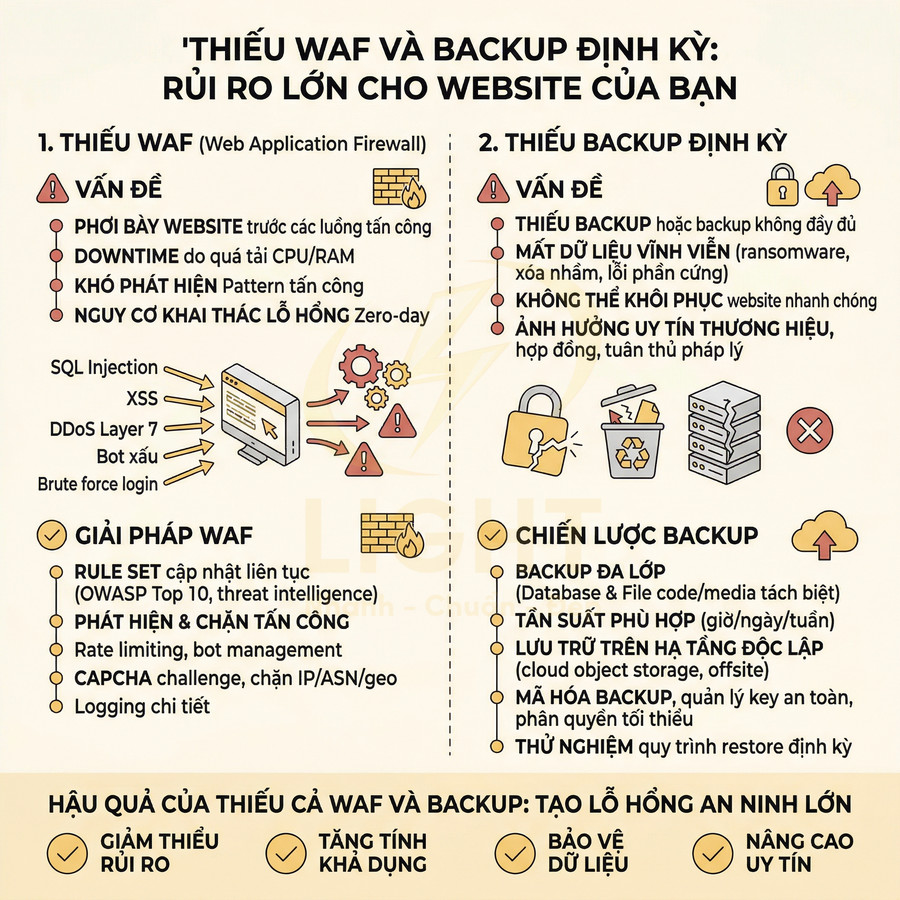 Infographic cảnh báo rủi ro bảo mật website khi thiếu WAF và backup định kỳ, kèm giải pháp bảo vệ và chiến lược sao lưu dữ liệu
