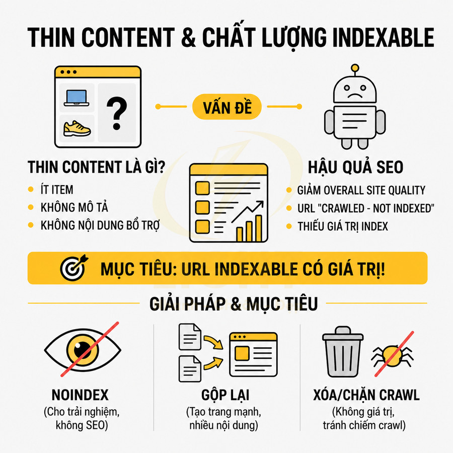 Infographic giải thích thin content và giải pháp tối ưu chất lượng URL indexable trong SEO