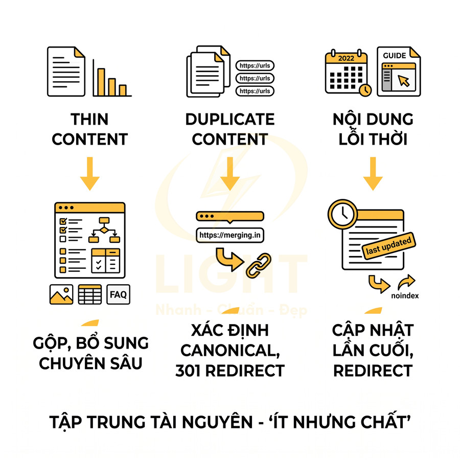 Minh họa xử lý thin content, duplicate content và nội dung lỗi thời trong chiến lược SEO tối ưu tài nguyên